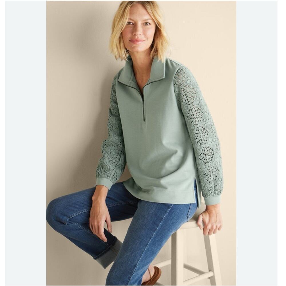 Soft Surroundings Crochet Sleeve French Terry Tunic Women M Green Boho Beach